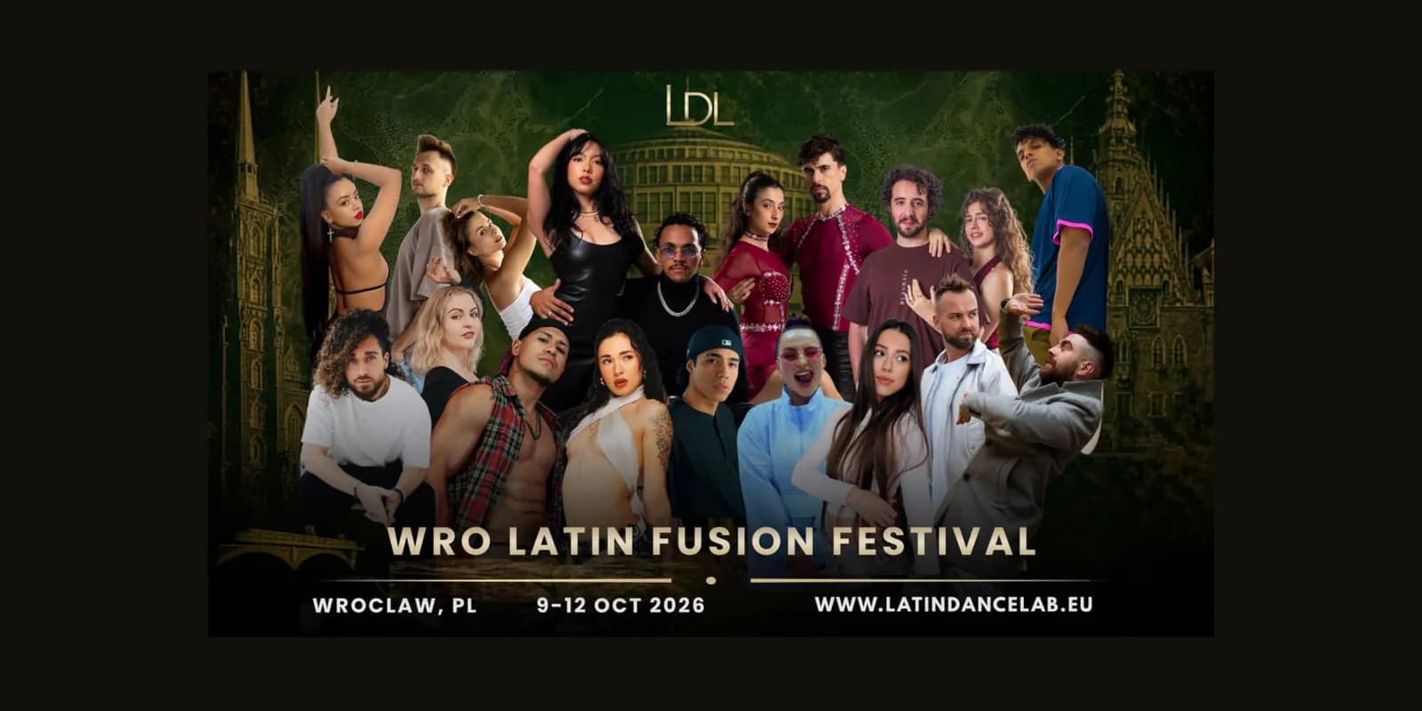 A diverse group of men and women of various ages are gathered together, posing as if for a dance festival promotion, with some appearing to dance in the background.